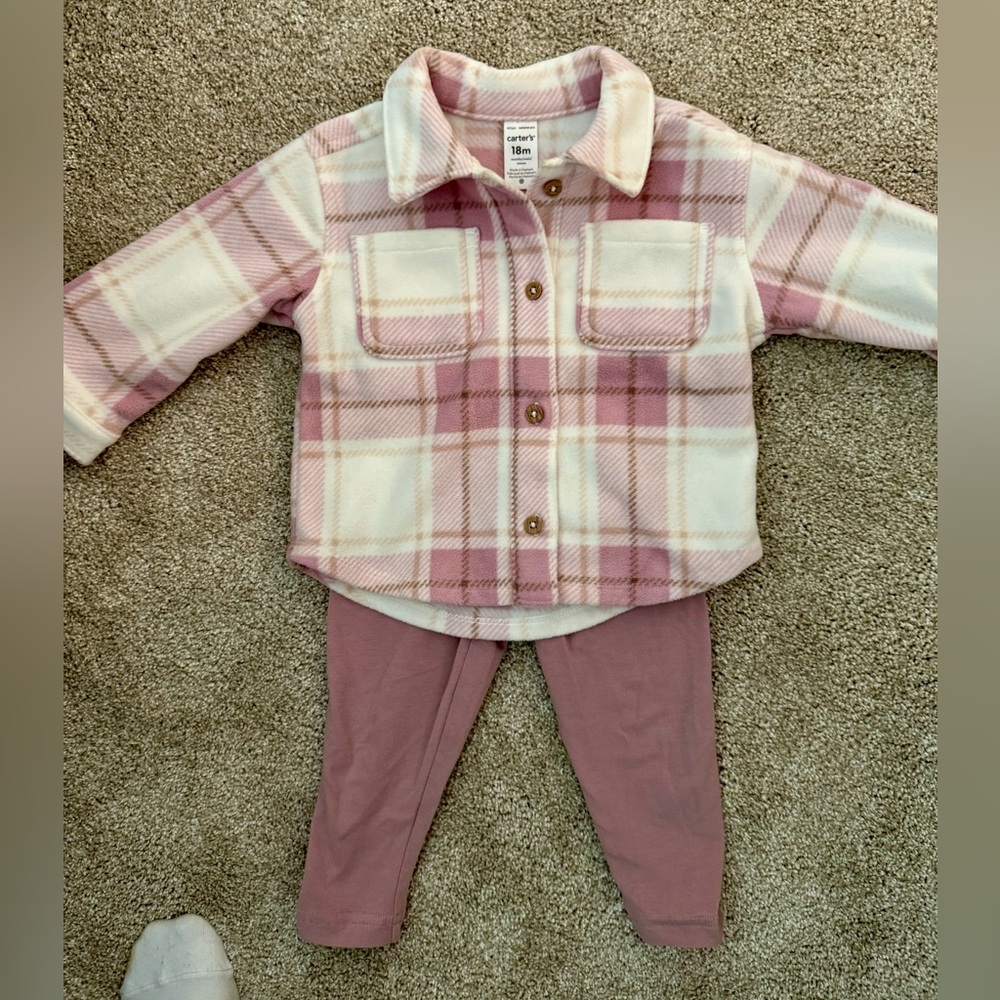 Carters Toddler 2-Piece Pink Plaid Fleece Shacket & Legging Set